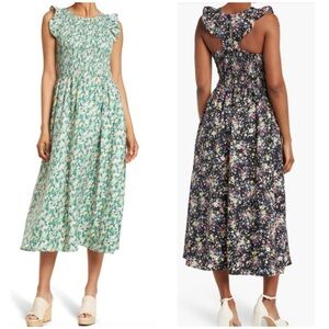 CODE X MODE Smocked Ruffle Cap Sleeve Midi Dress, Blue Floral - Womens Small